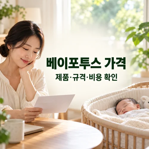 베이포투스 가격·제품·규격·비용 확인 — 아기 곁에서 안내문을 살펴보는 보호자의 AI 생성 안내 사진