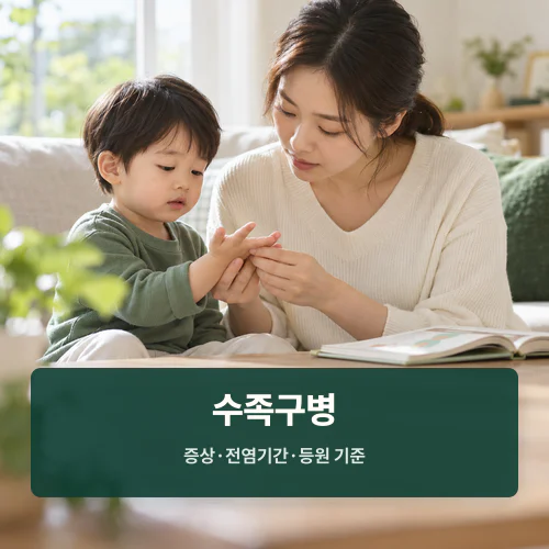 수족구병 증상·전염기간·등원 기준 — 보호자가 아이의 손과 건강 기록을 살펴보는 AI 생성 안내 사진