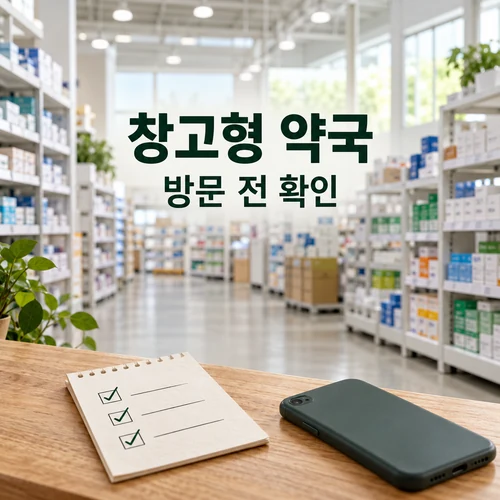 창고형 약국 방문 전 주소·시간·제품을 확인하는 메모와 휴대전화의 AI 생성 안내 이미지 — 특정 매장의 실제 사진 아님
