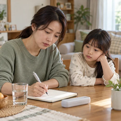 독감 증상·검사 상담 — 아이 곁에서 증상 기록을 작성하는 보호자를 표현한 AI 생성 안내 사진
