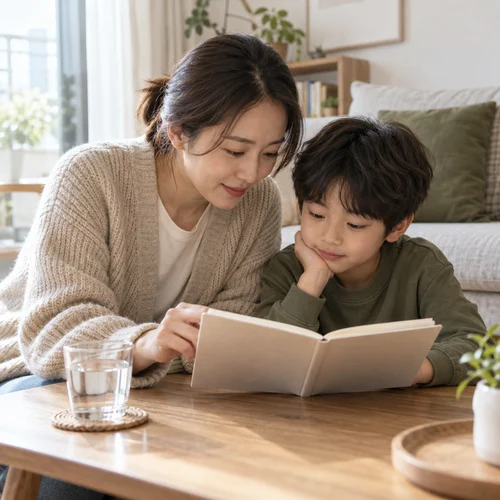 아이 폐렴 진료 후 관찰 — 보호자와 아이가 집에서 기록 수첩을 함께 살펴보는 AI 생성 안내 사진