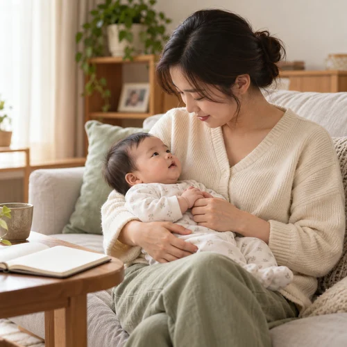 신생아 RSV 수유·호흡 관찰 — 집에서 아기를 안고 상태를 살피는 보호자를 표현한 AI 생성 안내 사진