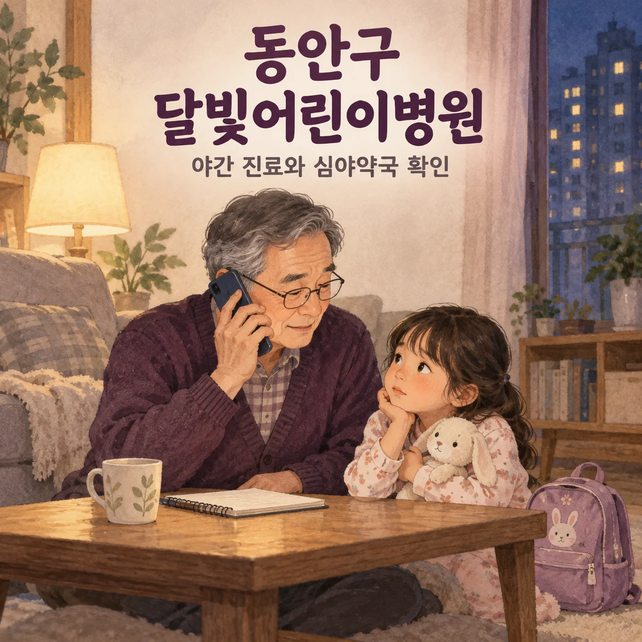 동안구 달빛어린이병원과 심야약국 이용 전 전화하는 할아버지와 손녀의 안내 삽화