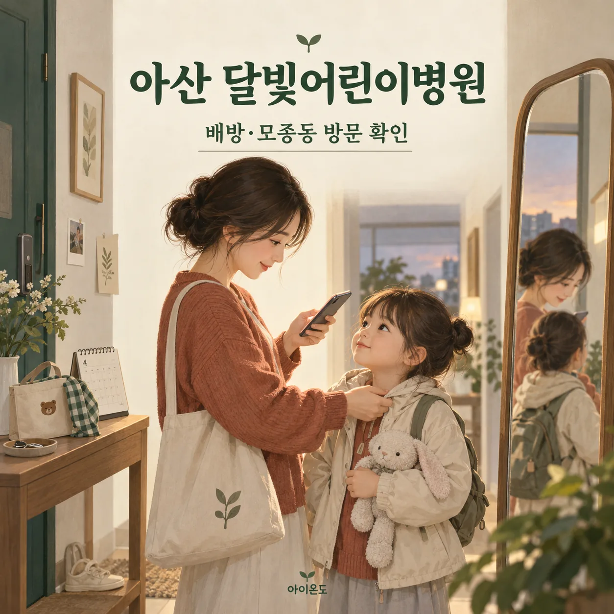 아산 달빛어린이병원 배방·모종동 방문 확인 안내: 현관 거울 앞에서 보호자가 아이 옷깃을 정리하며 휴대전화를 확인하는 일러스트