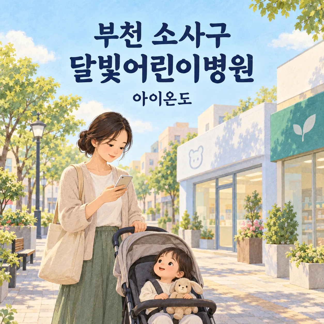 부천 소사구 달빛어린이병원 방문을 준비하며 밝은 거리에서 유모차 옆 휴대전화를 확인하는 보호자의 삽화