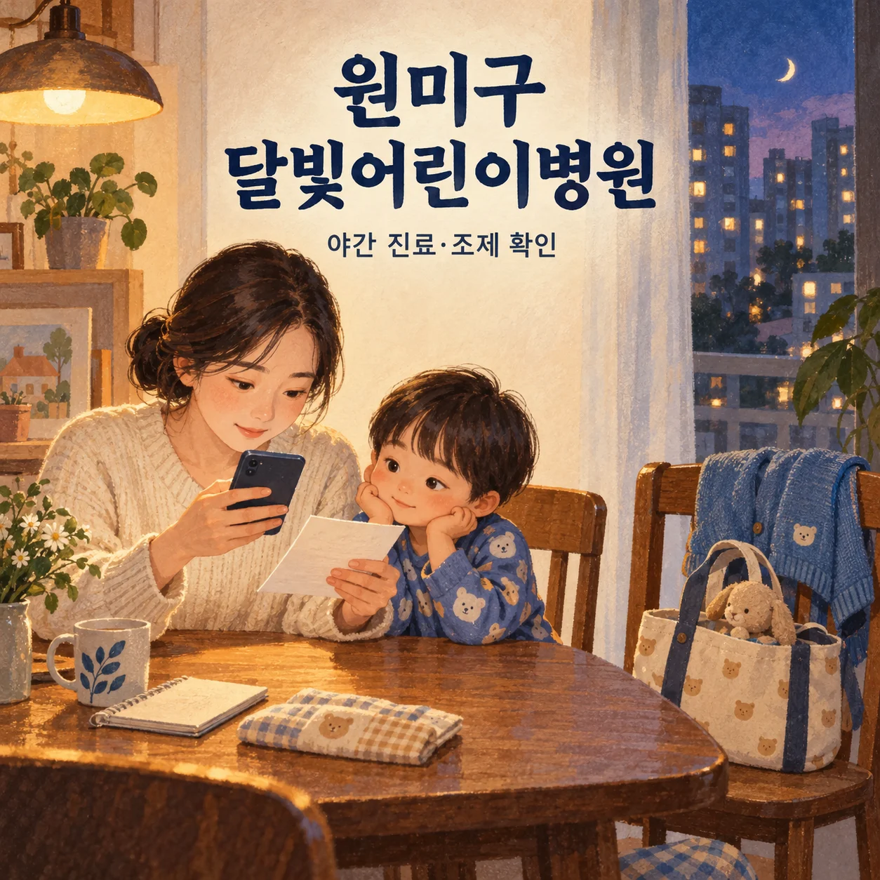 원미구 달빛어린이병원 방문 전 식탁에서 메모와 휴대전화를 확인하는 보호자와 아이의 안내 삽화