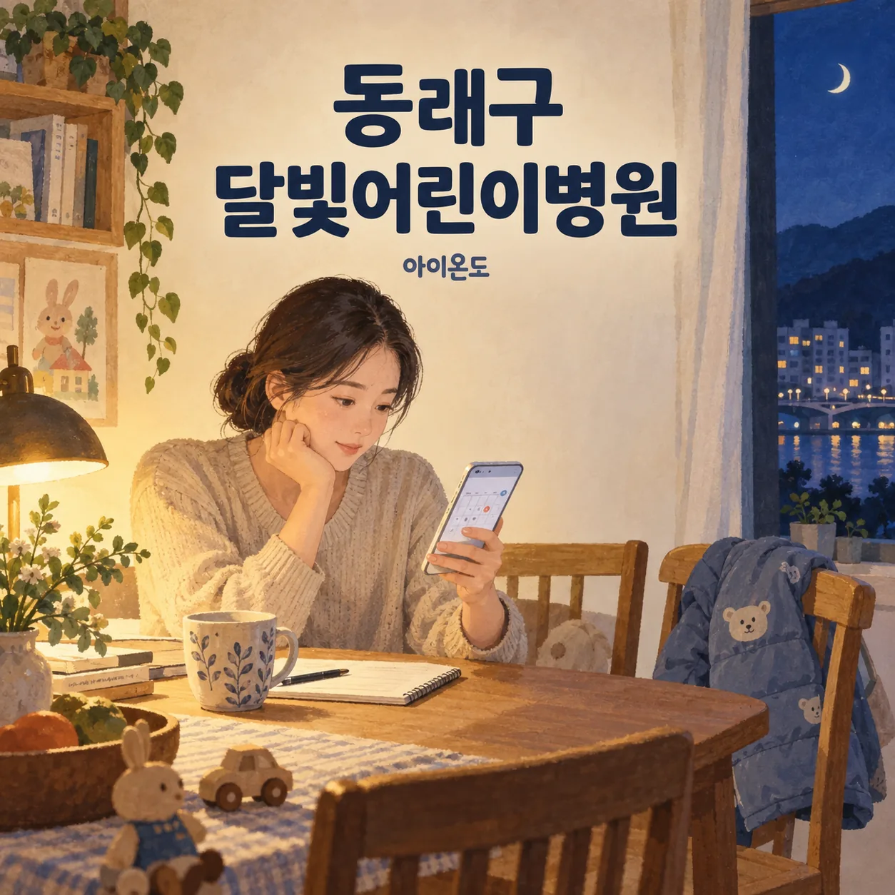 저녁 집에서 휴대전화로 진료 예약을 준비하는 보호자를 그린 동래구 달빛어린이병원 이용 안내 그림