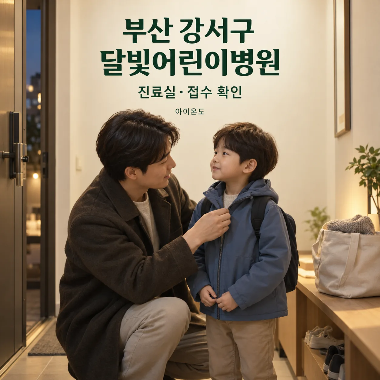 부산 강서구 달빛어린이병원 방문 전 현관에서 아이의 외투를 여며 주는 아버지의 안내 일러스트