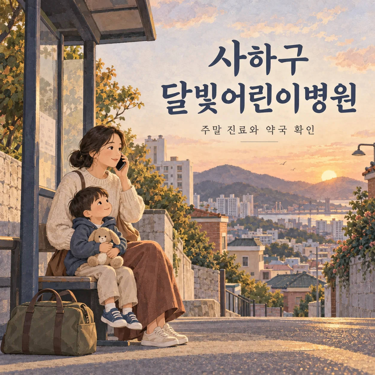 사하구 달빛어린이병원과 약국 방문 전 정류장에서 전화로 확인하는 보호자와 아이의 안내 삽화