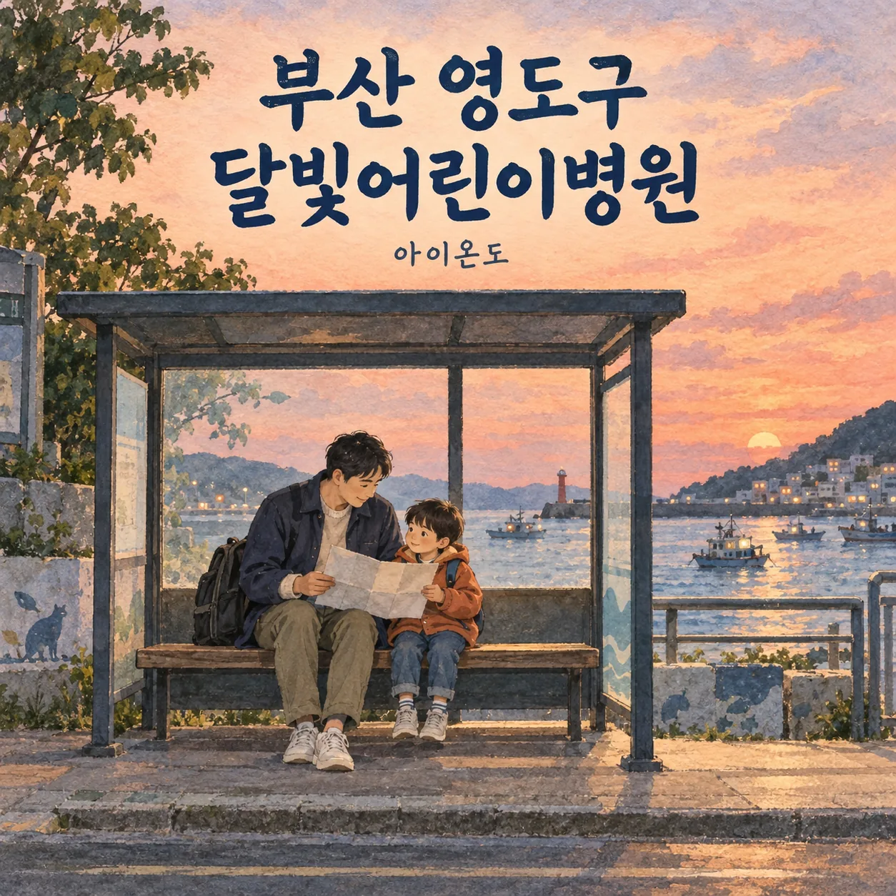 부산 영도구 달빛어린이병원 이용 안내를 위한 보호자와 아이의 바닷가 정류장 삽화