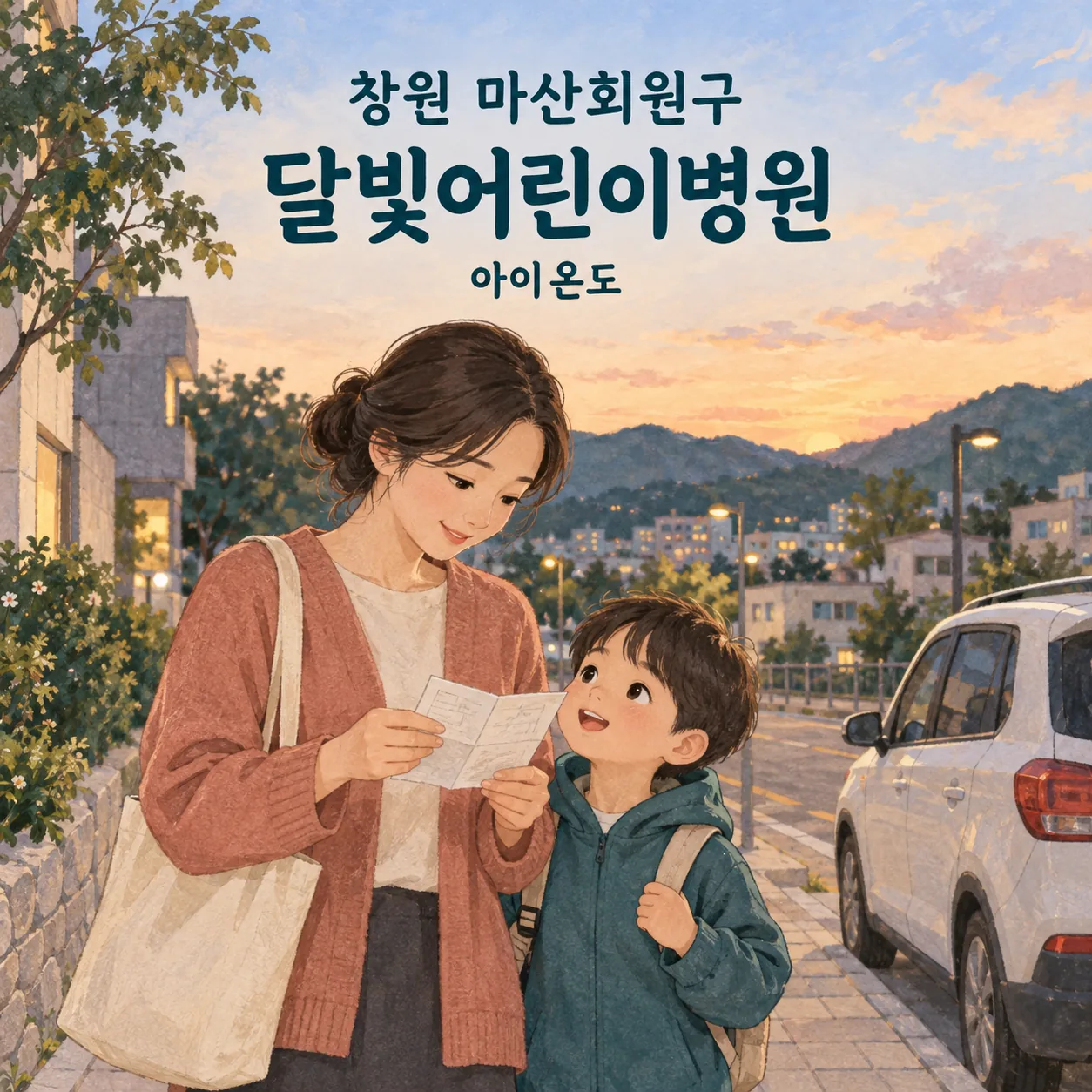 창원 마산회원구 달빛어린이병원 방문을 준비하며 주차된 차 옆 보도에서 위치 메모를 살펴보는 보호자와 아이의 삽화