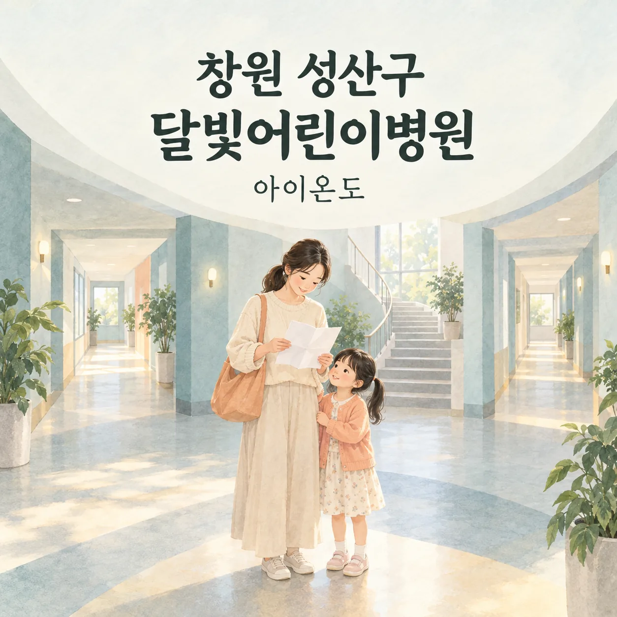 창원 성산구 달빛어린이병원 방문을 준비하며 가상의 실내 이동 공간에서 빈 종이를 살펴보는 보호자와 아이의 삽화
