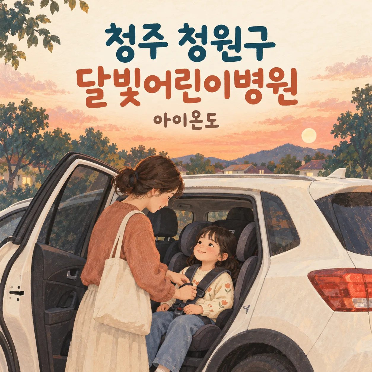 청주 청원구 달빛어린이병원 이용 안내를 위한 주차된 자동차에서 아이의 카시트 안전띠를 확인하는 보호자의 삽화