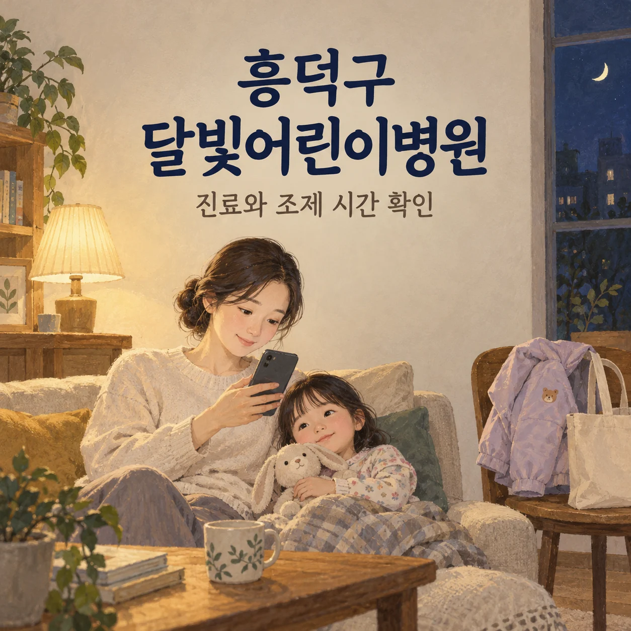 흥덕구 달빛어린이병원과 약국의 시간을 집에서 확인하는 보호자와 아이의 안내 삽화