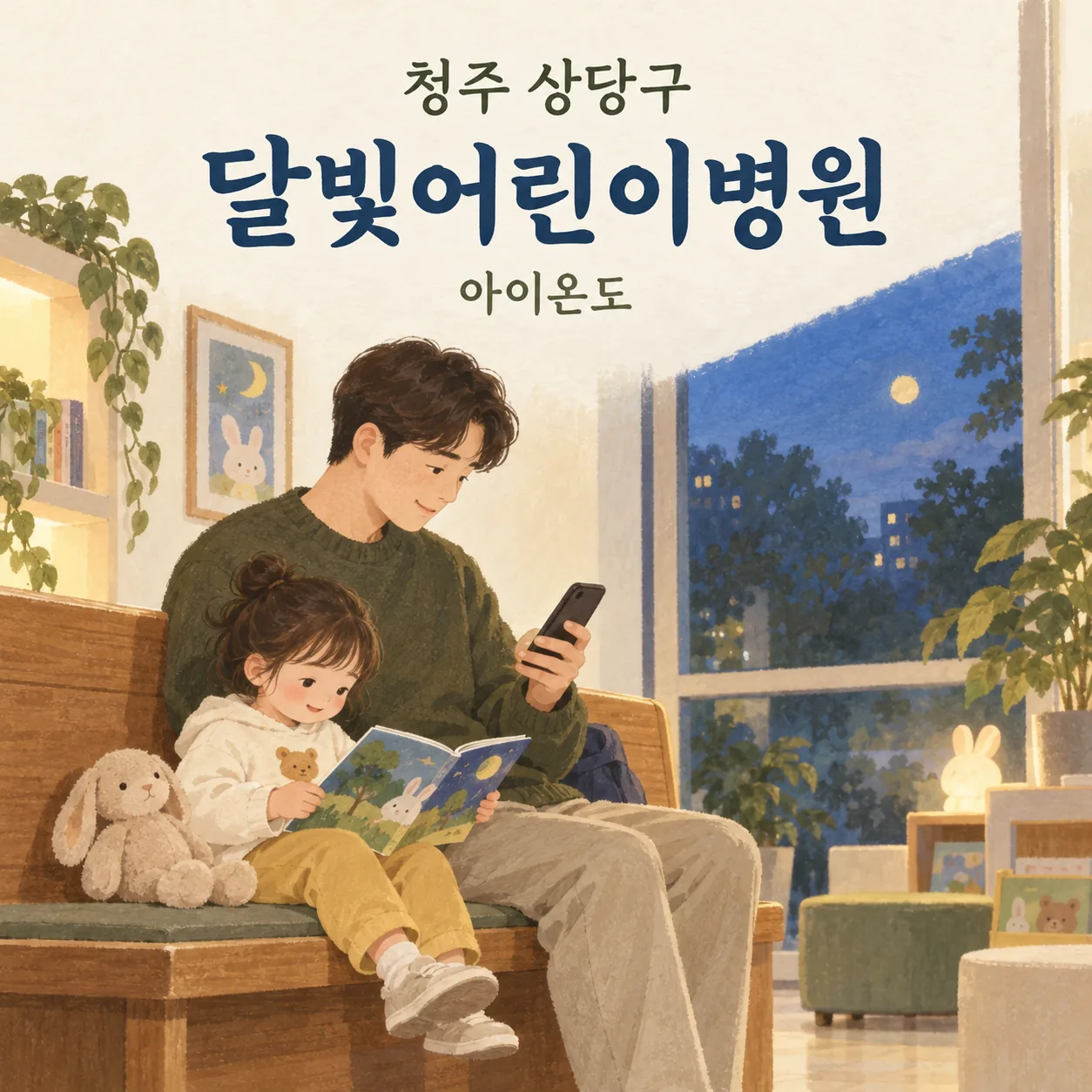 청주 상당구 달빛어린이병원 이용 안내를 위한 대기실에서 휴대전화를 확인하는 보호자와 책을 읽는 아이의 삽화