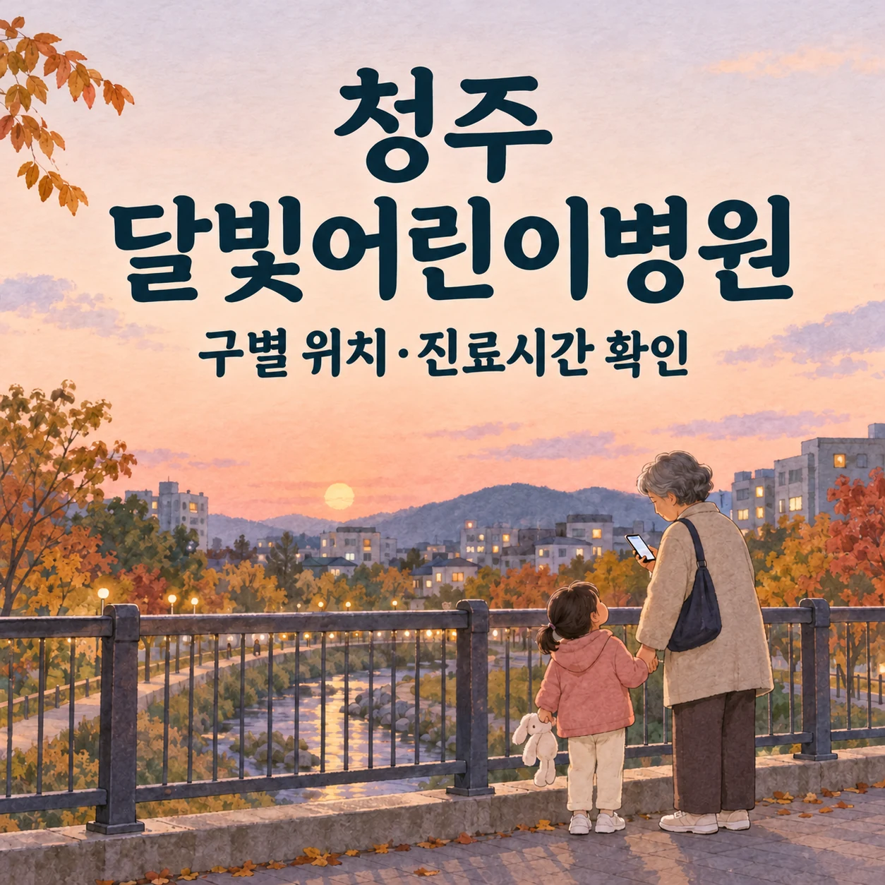 청주 달빛어린이병원 구별 위치·진료시간 확인 안내: 보호자가 아이와 보행교에서 휴대전화로 정보를 살피는 일러스트