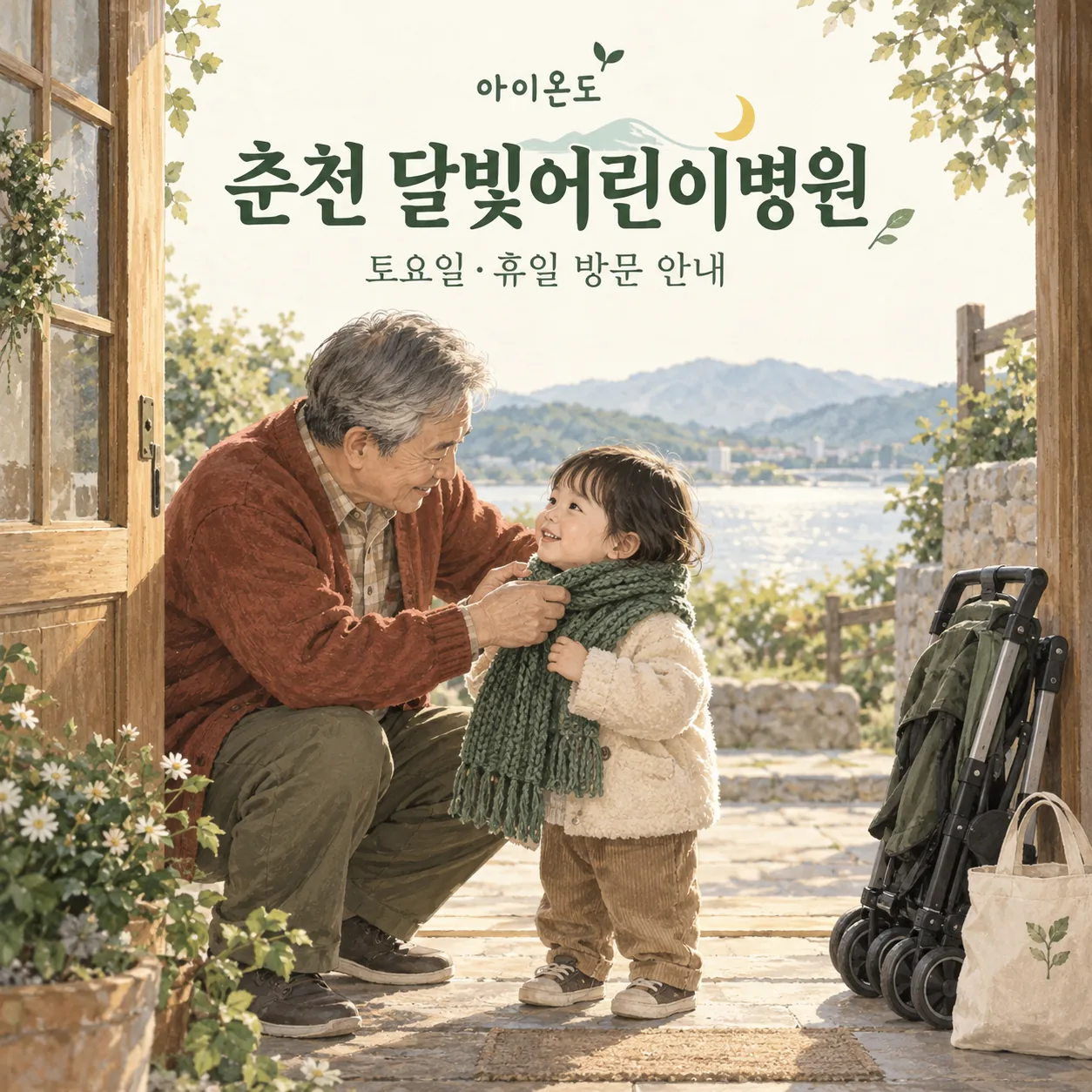 춘천 달빛어린이병원 안내: 집 현관에서 할아버지가 아이의 목도리를 매어 주는 일러스트