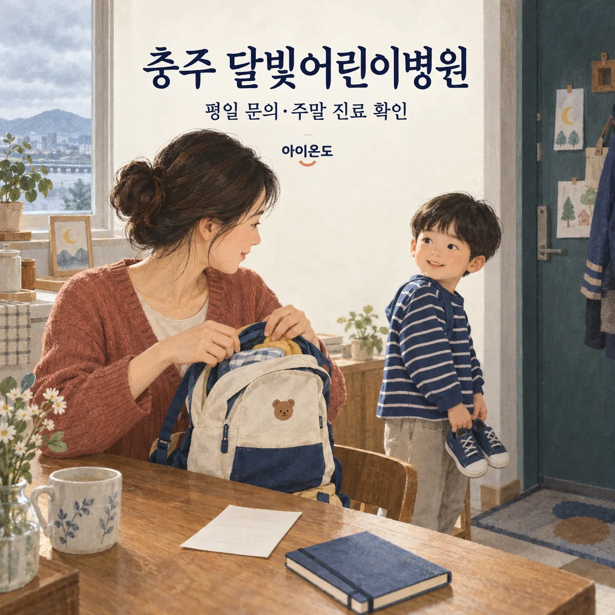 충주 달빛어린이병원 안내: 식탁에서 보호자가 아이의 가방을 챙기고 아이가 신발을 들고 있는 일러스트