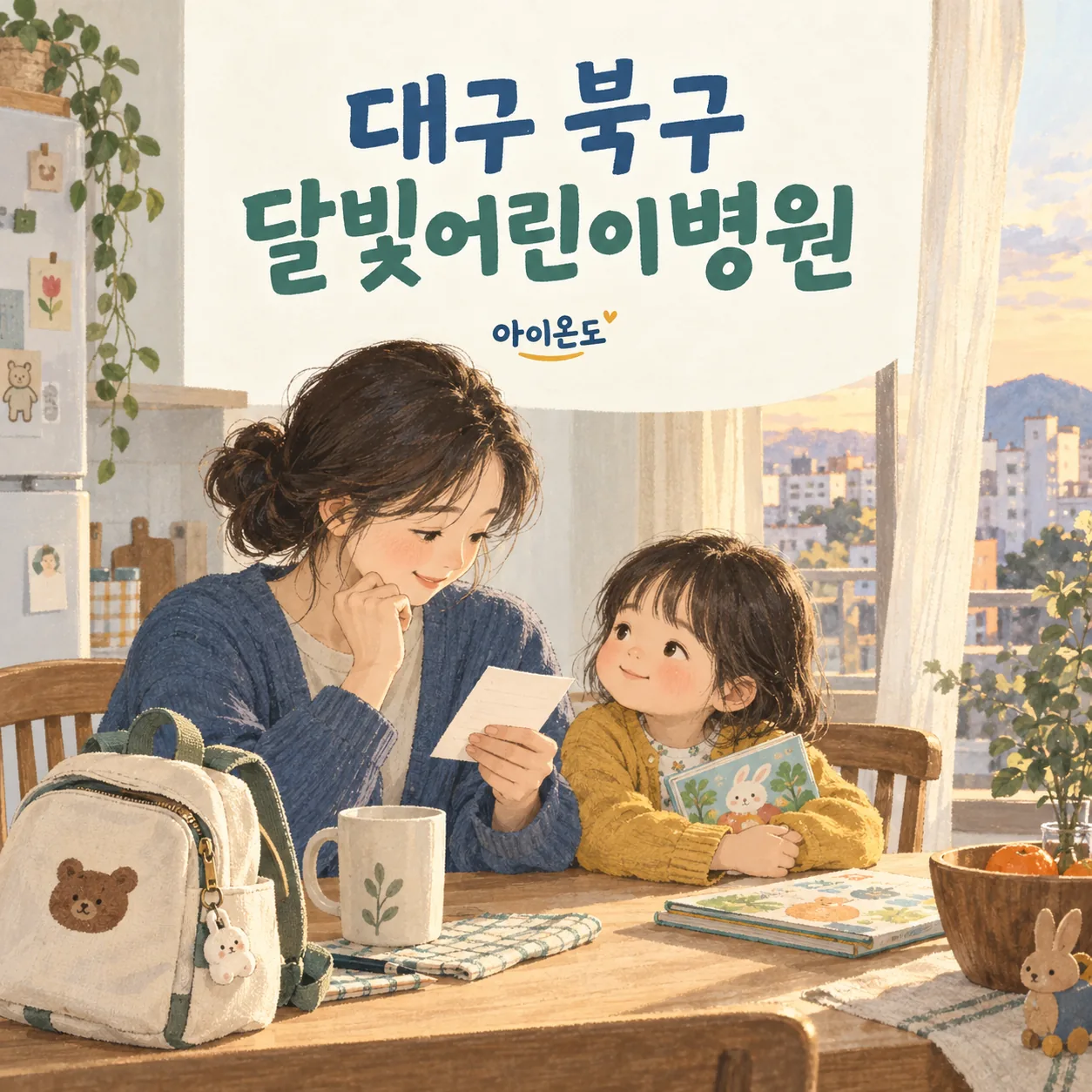 대구 북구 달빛어린이병원 방문을 준비하며 보호자와 아이가 안내를 살펴보는 삽화