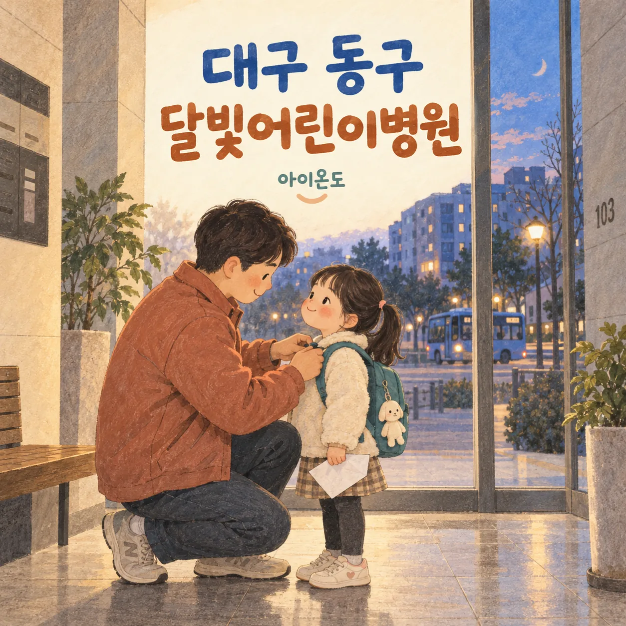 대구 동구 달빛어린이병원 방문을 준비하며 아버지가 아이의 가방을 여며 주는 삽화