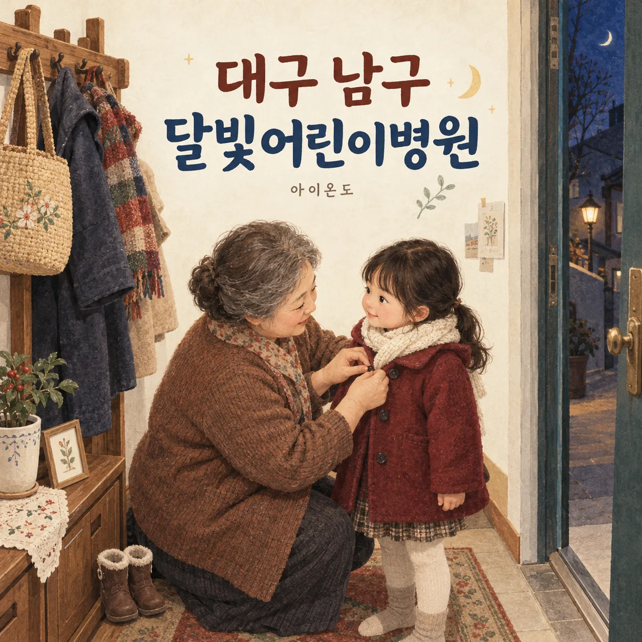 대구 남구 달빛어린이병원 이용 안내를 위한 할머니와 아이의 저녁 외출 준비 삽화