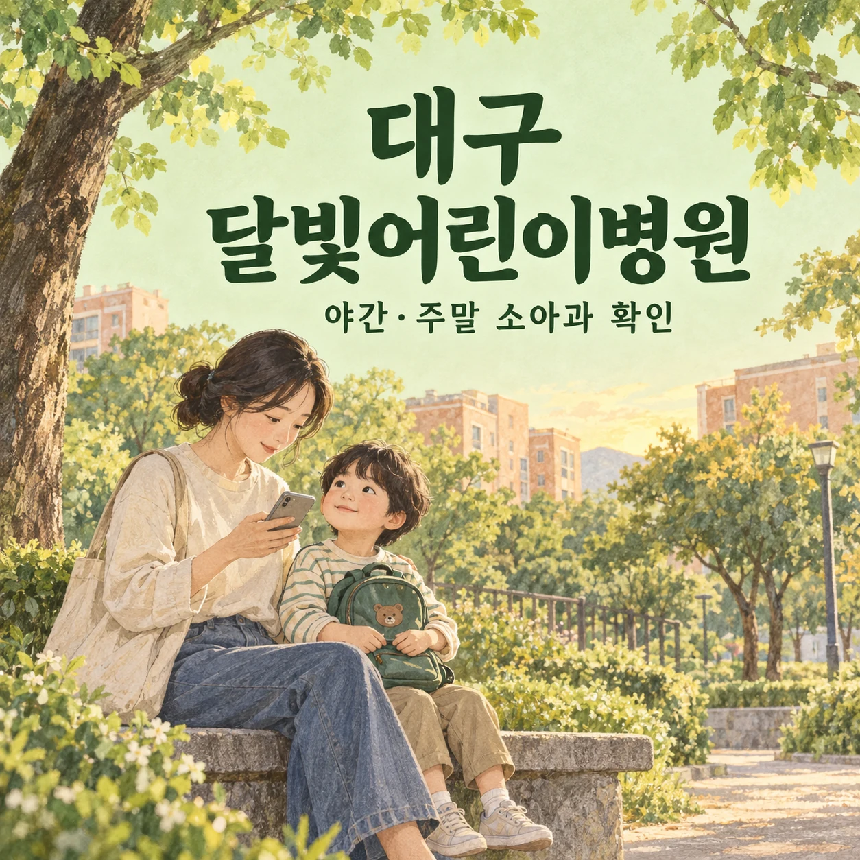 대구 달빛어린이병원 야간·주말 소아과 확인 안내: 보호자와 아이가 나무 그늘의 벤치에서 휴대전화를 살피며 외출을 준비하는 일러스트