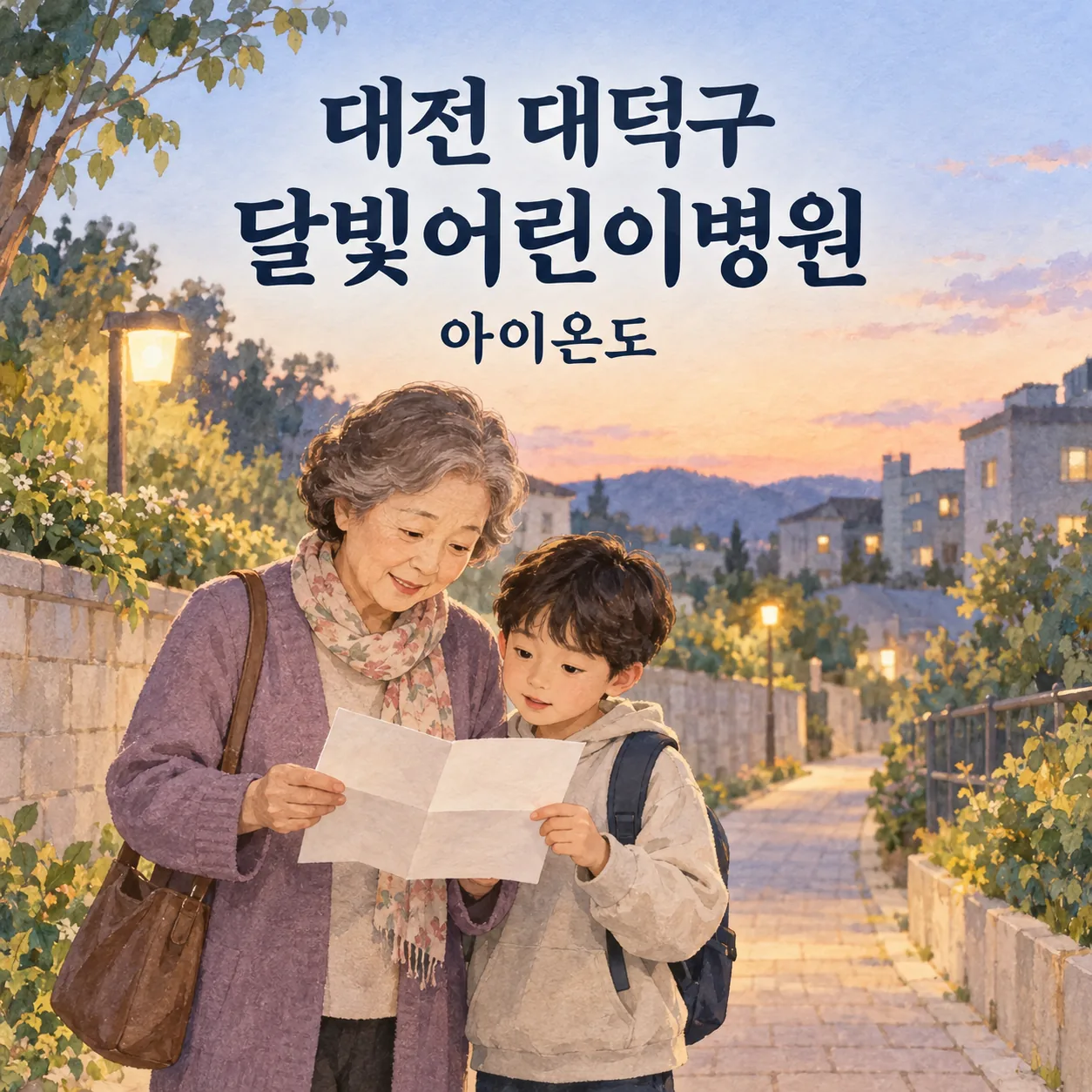 대전 대덕구 달빛어린이병원 방문을 준비하며 초저녁 보행로에서 빈 종이 안내를 함께 살펴보는 할머니와 손자의 삽화