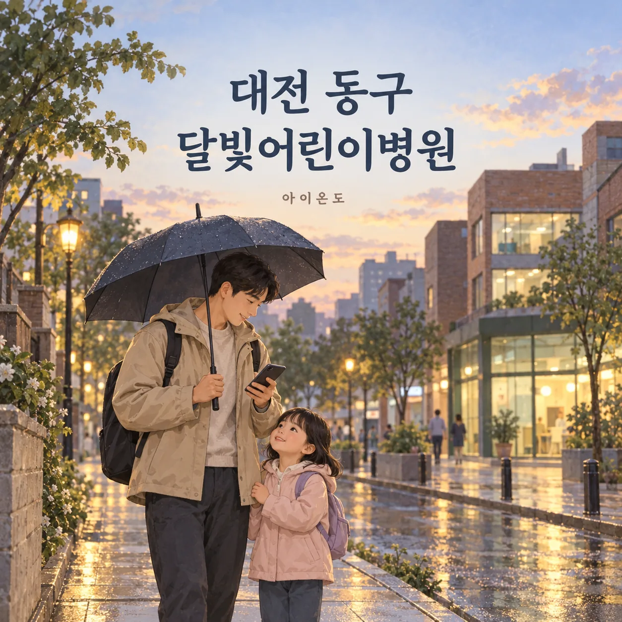 대전 동구 달빛어린이병원 방문을 준비하며 비 갠 거리에서 휴대전화를 확인하는 보호자와 아이의 안내 삽화