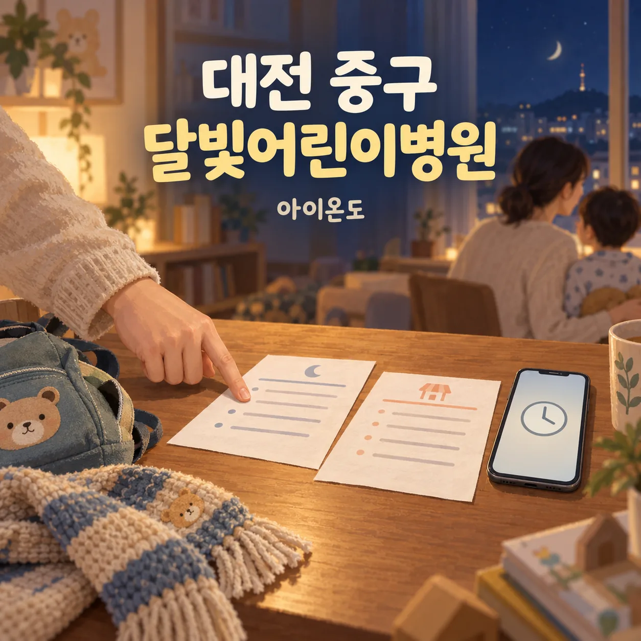 대전 중구 달빛어린이병원 진료와 약국 시간을 각각 확인하는 과정을 표현한 탁상 안내 삽화