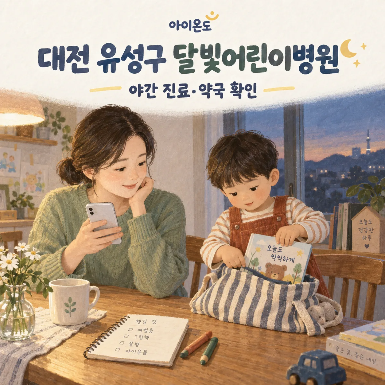 식탁에서 어머니가 휴대폰을 확인하고 아이가 그림책을 가방에 넣는 대전 유성구 달빛어린이병원 안내 일러스트