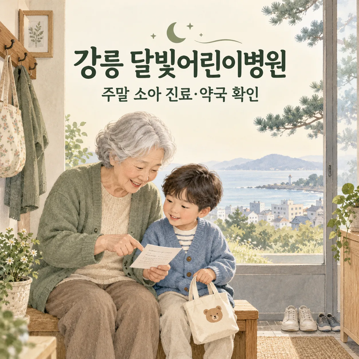 강릉 달빛어린이병원 안내: 할머니와 아이가 현관 벤치에 앉아 방문 메모를 확인하는 일러스트