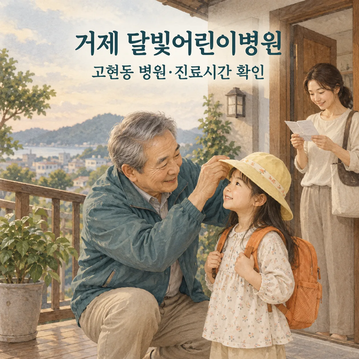 거제 달빛어린이병원 안내: 할아버지가 아이의 모자를 챙기며 현관에서 출발을 준비하는 일러스트