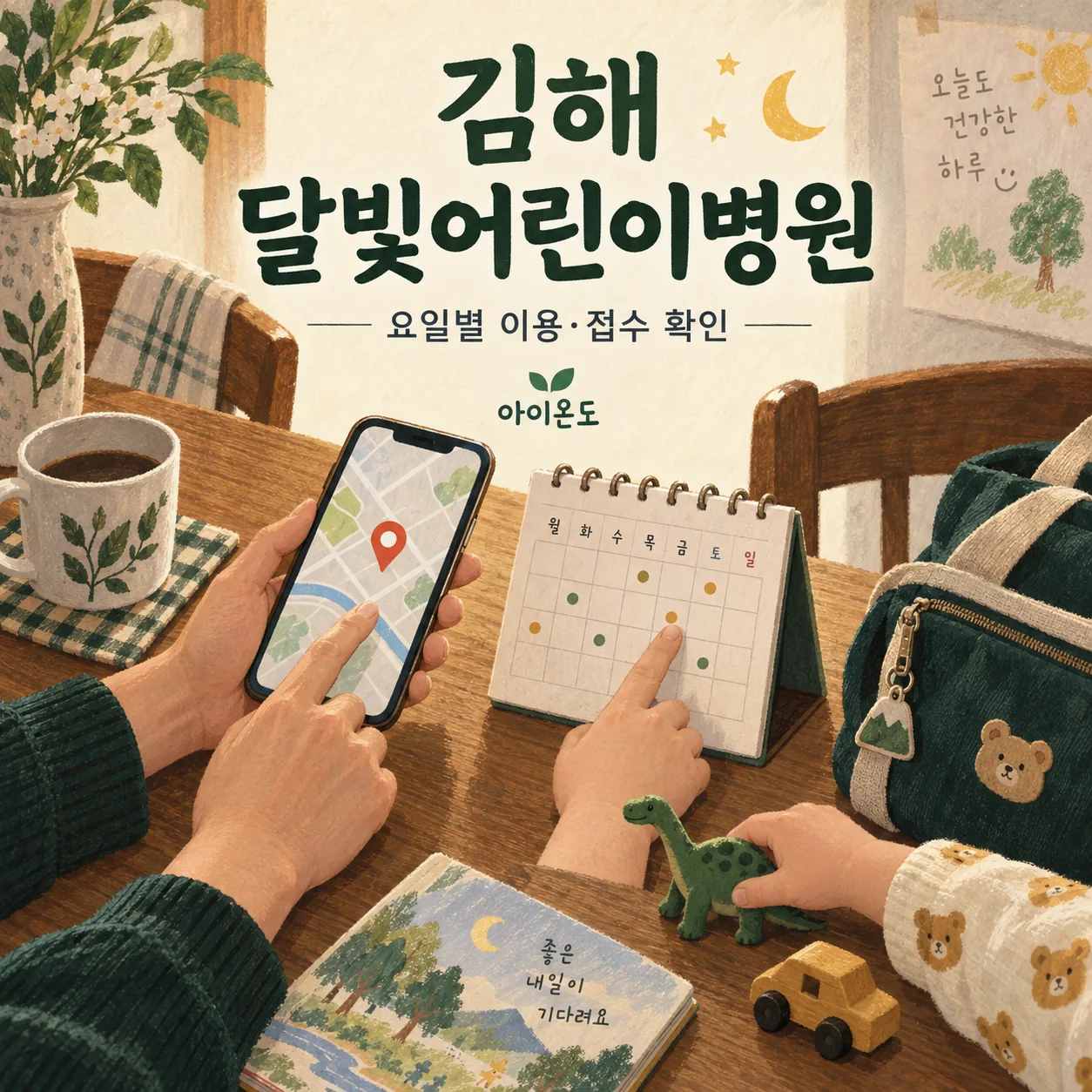 김해 달빛어린이병원 요일별 이용·접수 확인 안내: 식탁에서 휴대전화 지도와 달력을 함께 살피는 가족의 손을 그린 일러스트