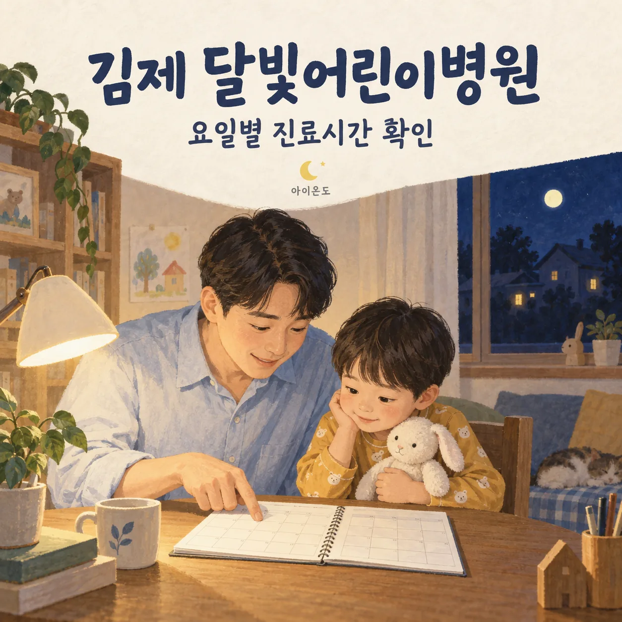 집에서 보호자가 아이와 함께 달력을 확인하는 김제 달빛어린이병원 이용 안내 일러스트