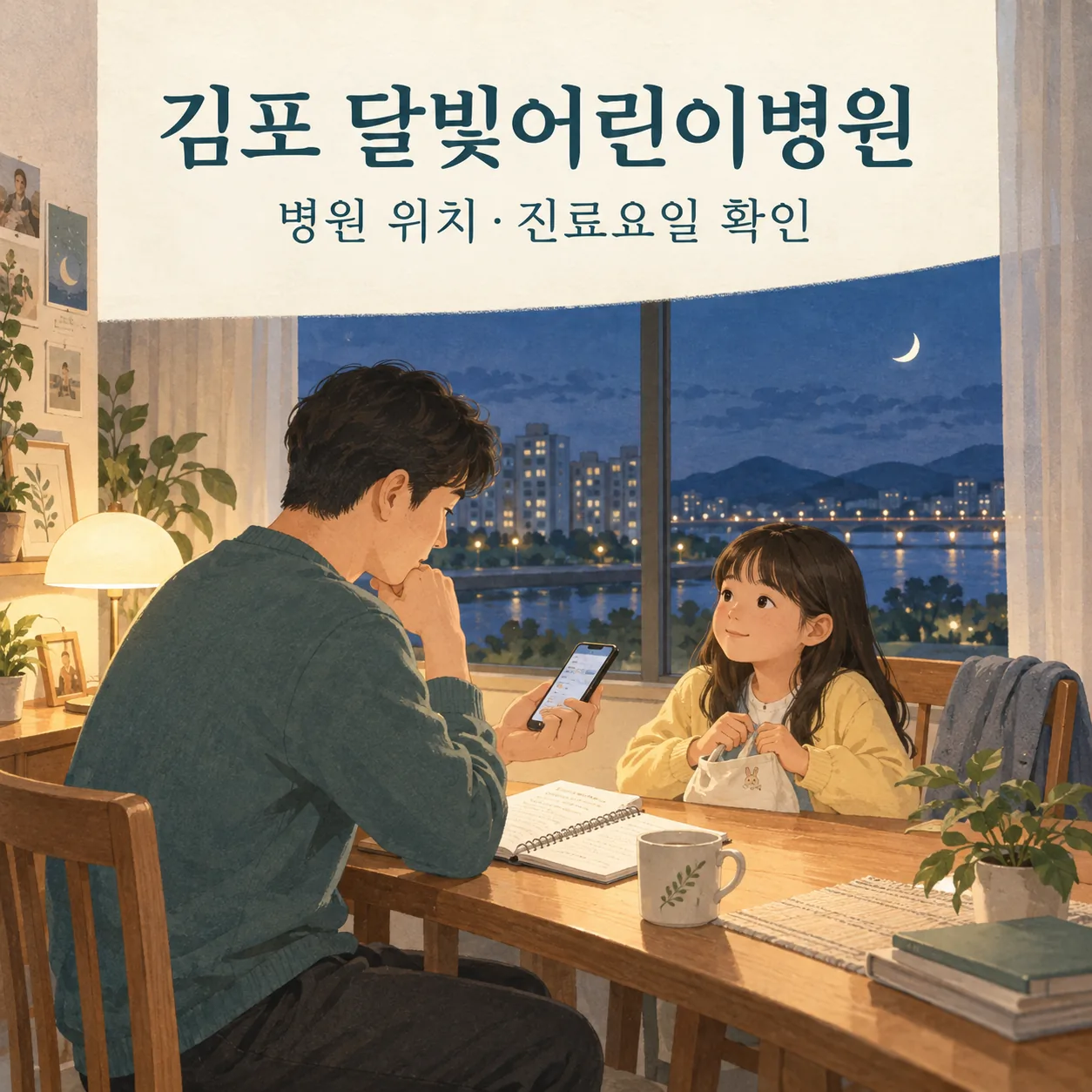 김포 달빛어린이병원 안내: 식탁에서 보호자가 메모와 전화로 아이의 방문을 준비하는 일러스트
