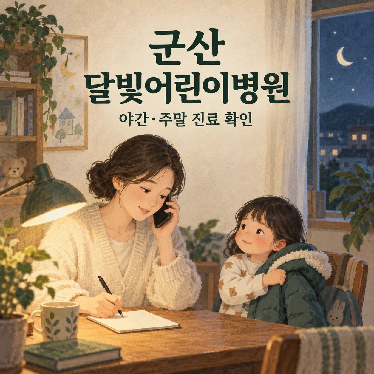군산 달빛어린이병원 야간·주말 진료 확인 안내: 보호자가 집에서 전화로 문의하고 아이의 외출을 준비하는 일러스트