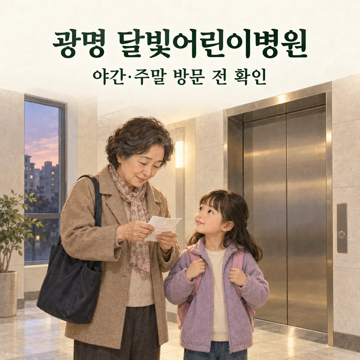 광명 달빛어린이병원 안내: 엘리베이터 앞에서 할머니가 배낭을 멘 아이와 주소 메모를 확인하는 일러스트