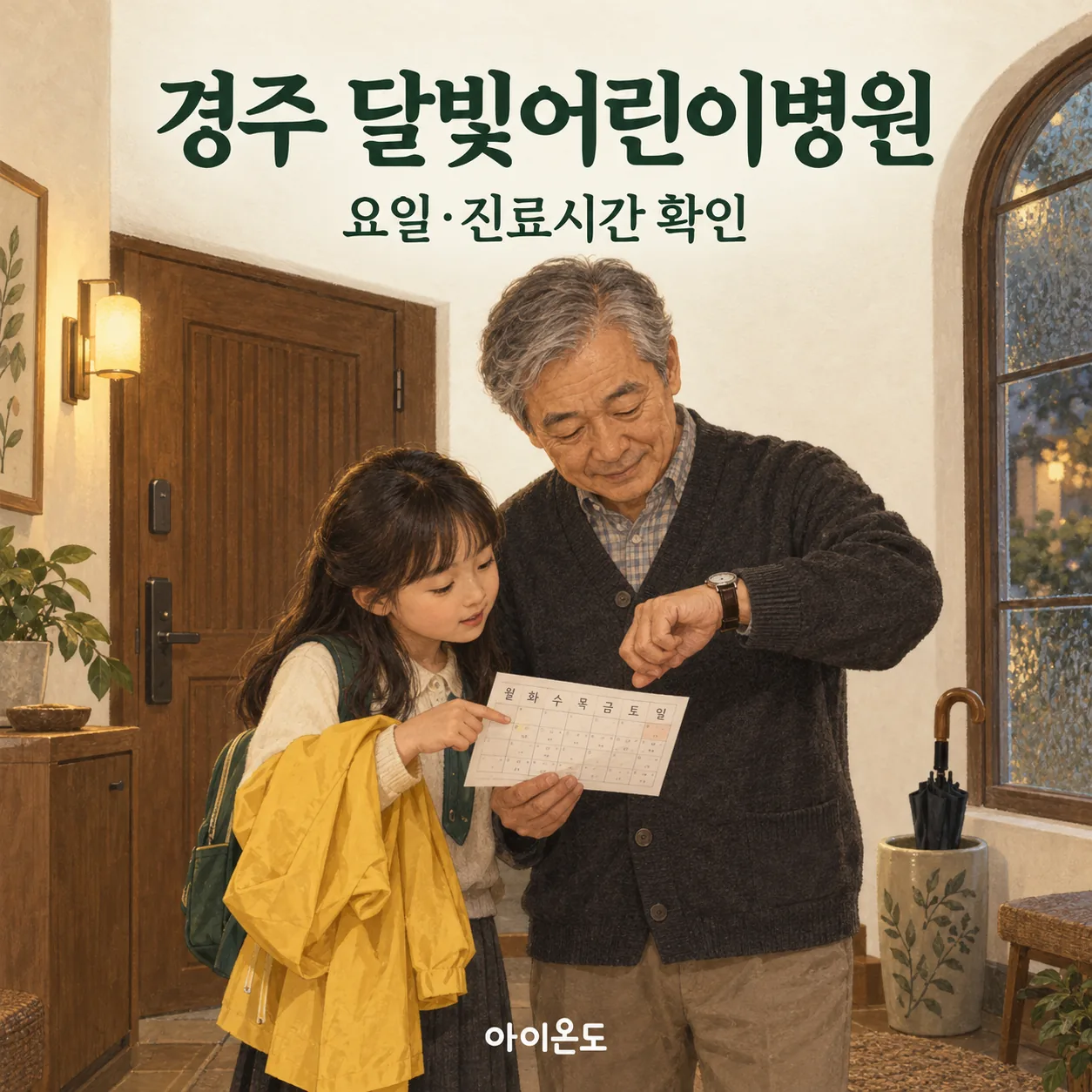경주 달빛어린이병원 요일·진료시간 확인 안내: 보호자가 손목시계와 아이가 든 주간 달력을 함께 살피는 일러스트
