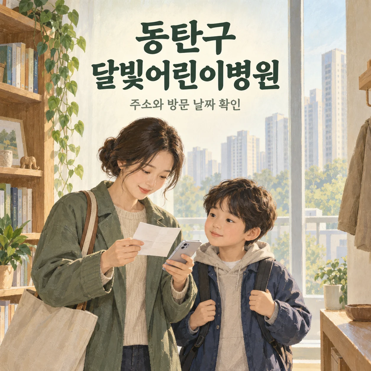 동탄구 달빛어린이병원 방문 전 집에서 주소 메모와 휴대전화를 확인하는 보호자와 아이의 안내 삽화