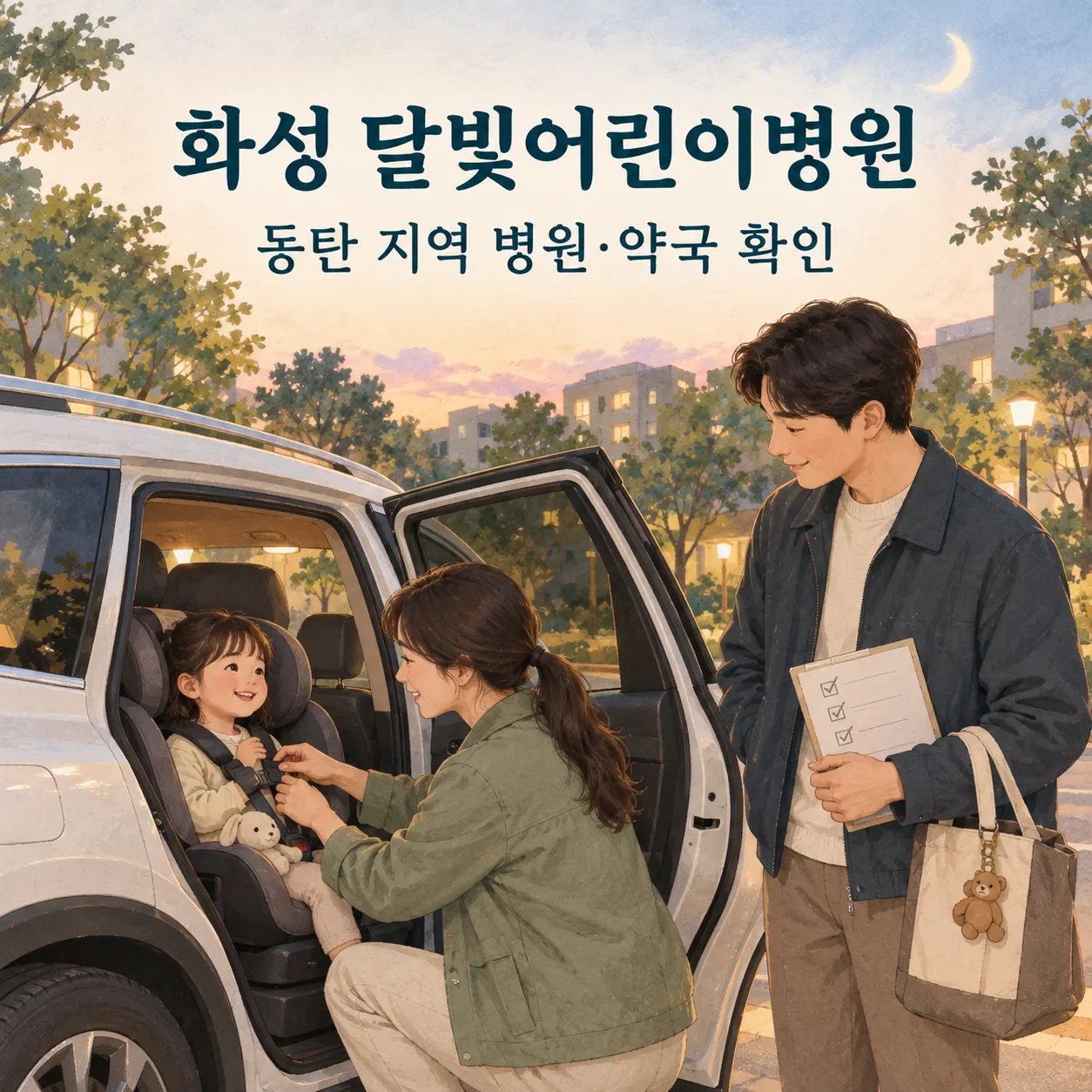 화성 달빛어린이병원 안내: 주차된 차량에서 보호자가 아이의 카시트 착석을 확인하는 일러스트
