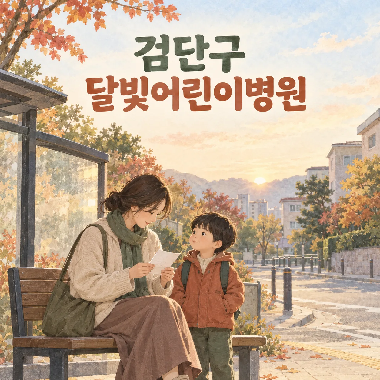 아침 버스 정류장에서 방문 메모를 확인하는 보호자와 아이를 그린 검단구 달빛어린이병원 이용 안내 그림