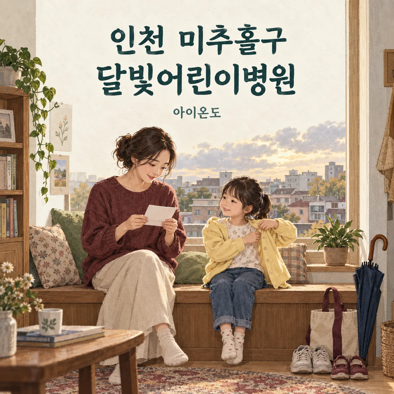 인천 미추홀구 달빛어린이병원 이용 안내를 위한 보호자와 아이의 창가 외출 준비 삽화