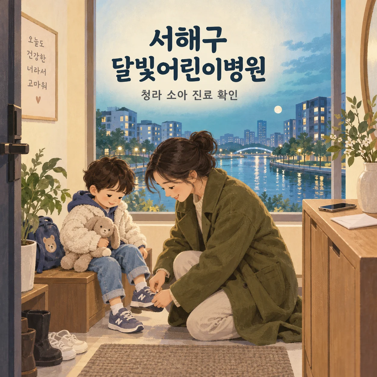 서해구 달빛어린이병원 방문을 준비하며 현관에서 아이의 신발을 신겨 주는 보호자의 안내 삽화