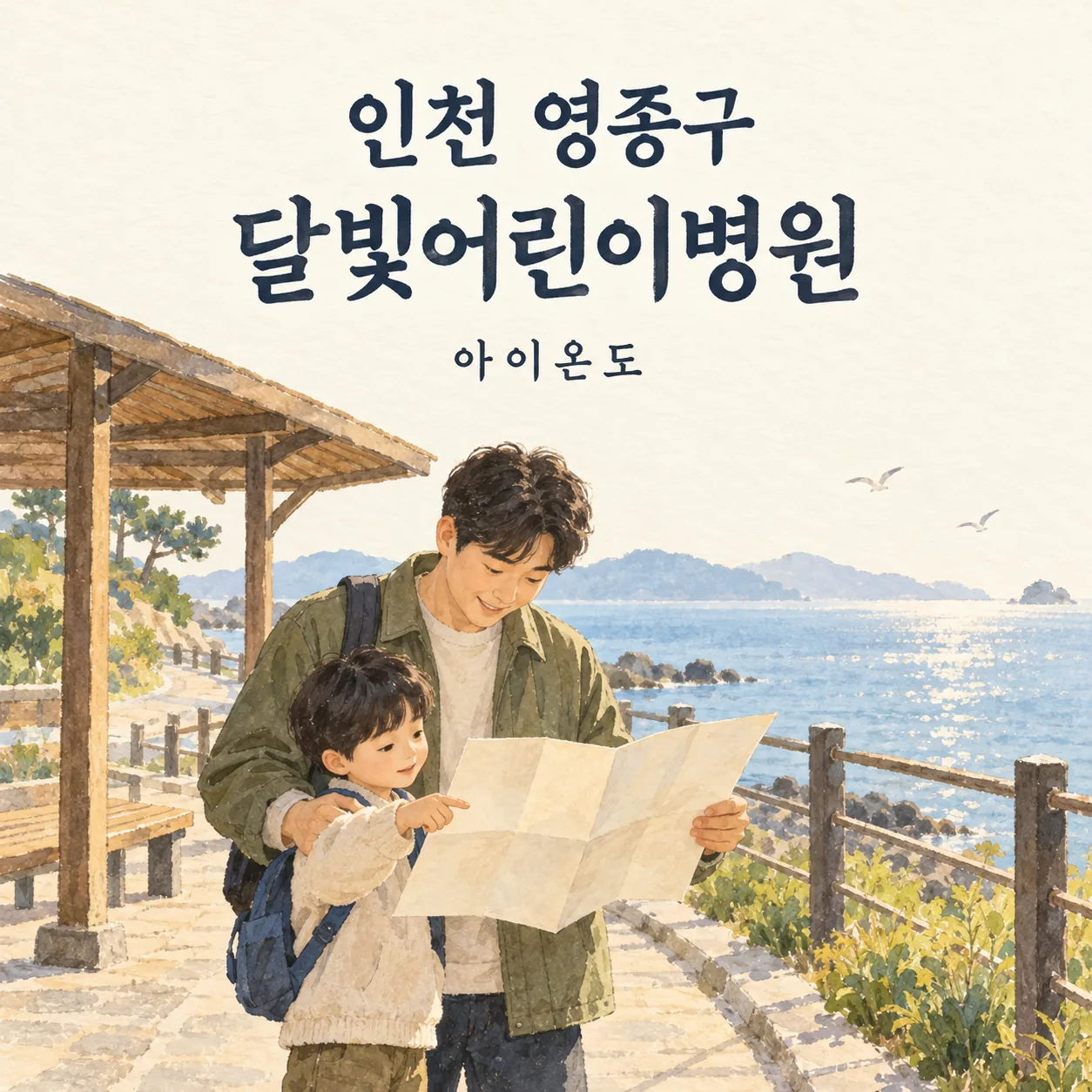 인천 영종구 달빛어린이병원 이용 안내를 위한 해안 보행로에서 빈 지도를 살펴보는 아버지와 아이의 삽화
