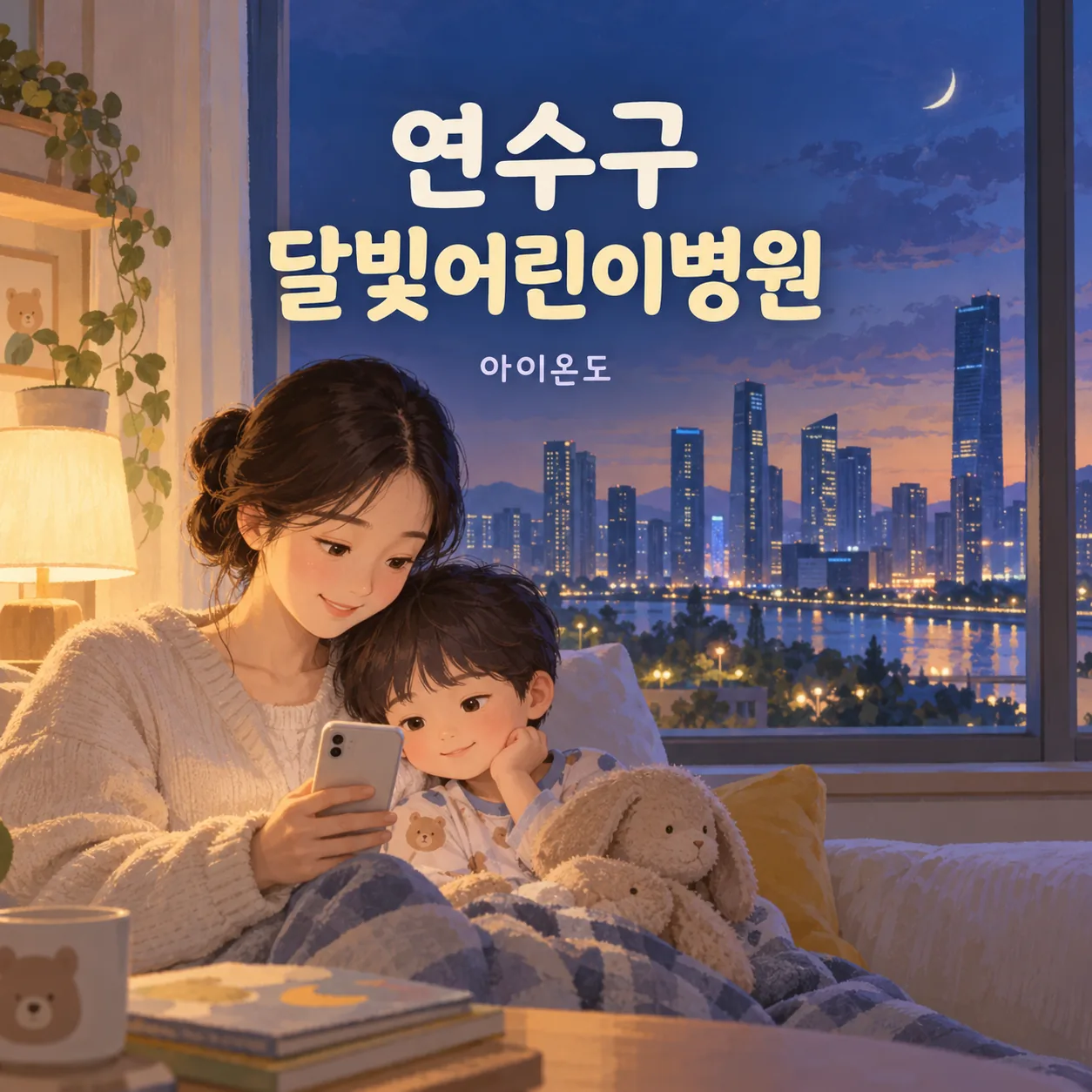연수구 달빛어린이병원 방문 전 집에서 휴대전화로 시간을 살피는 보호자와 아이의 안내 삽화