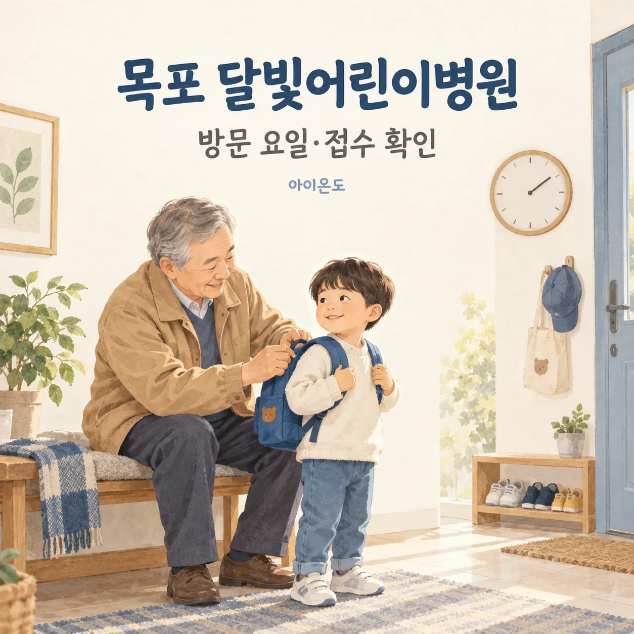 현관 벤치에서 할아버지가 아이의 배낭을 챙기는 목포 달빛어린이병원 이용 안내 일러스트