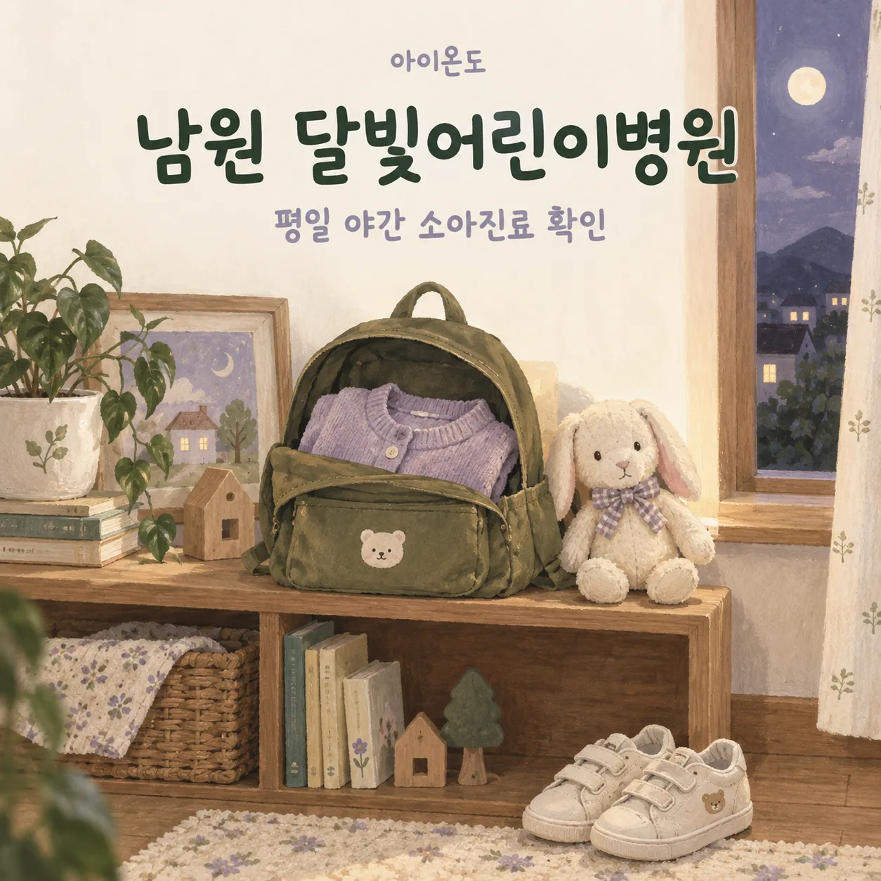 밤 외출에 챙길 아이 가방과 겉옷, 인형과 신발을 놓아둔 남원 달빛어린이병원 안내 일러스트