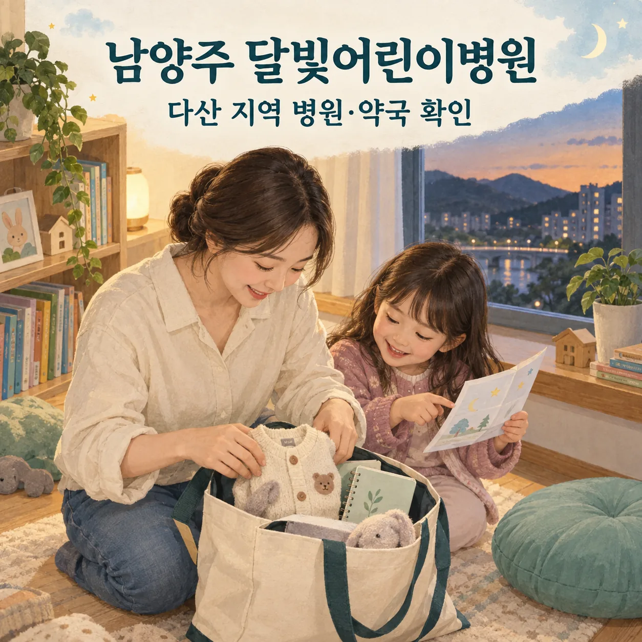 남양주 달빛어린이병원 안내: 엄마와 아이가 가디건·노트·가방을 챙기며 외출을 준비하는 일러스트