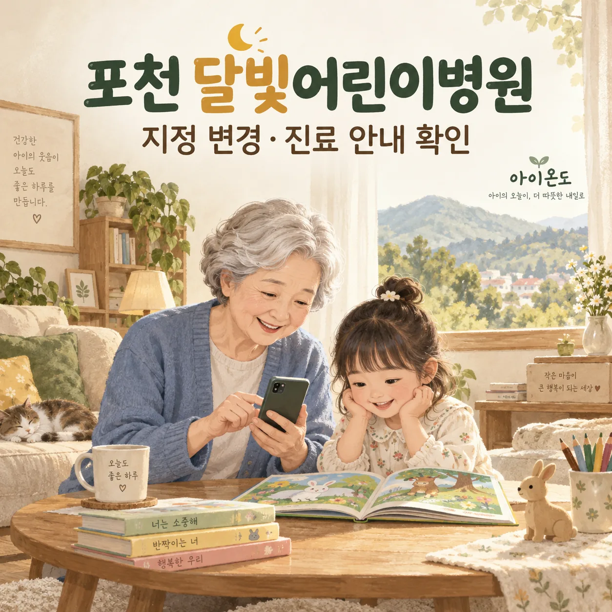할머니와 아이가 집에서 휴대전화로 진료 안내를 확인하는 포천 달빛어린이병원 지정 변경 안내 일러스트