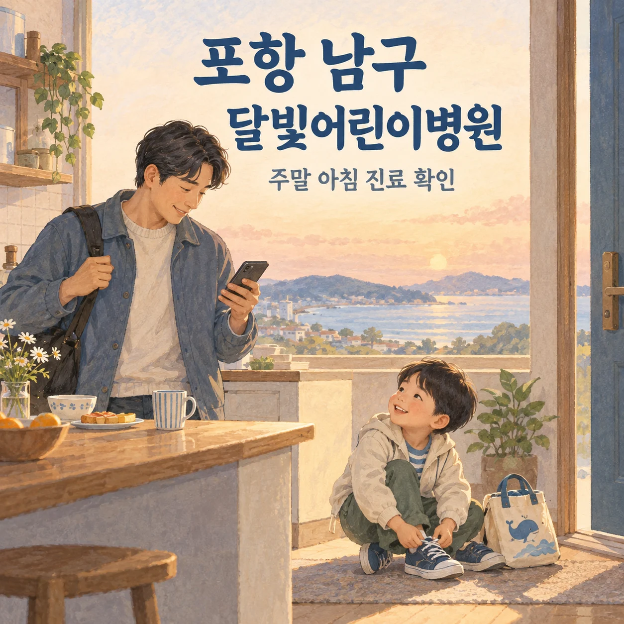 포항 남구 달빛어린이병원 주말 아침 방문을 준비하는 아버지와 아이의 안내 삽화